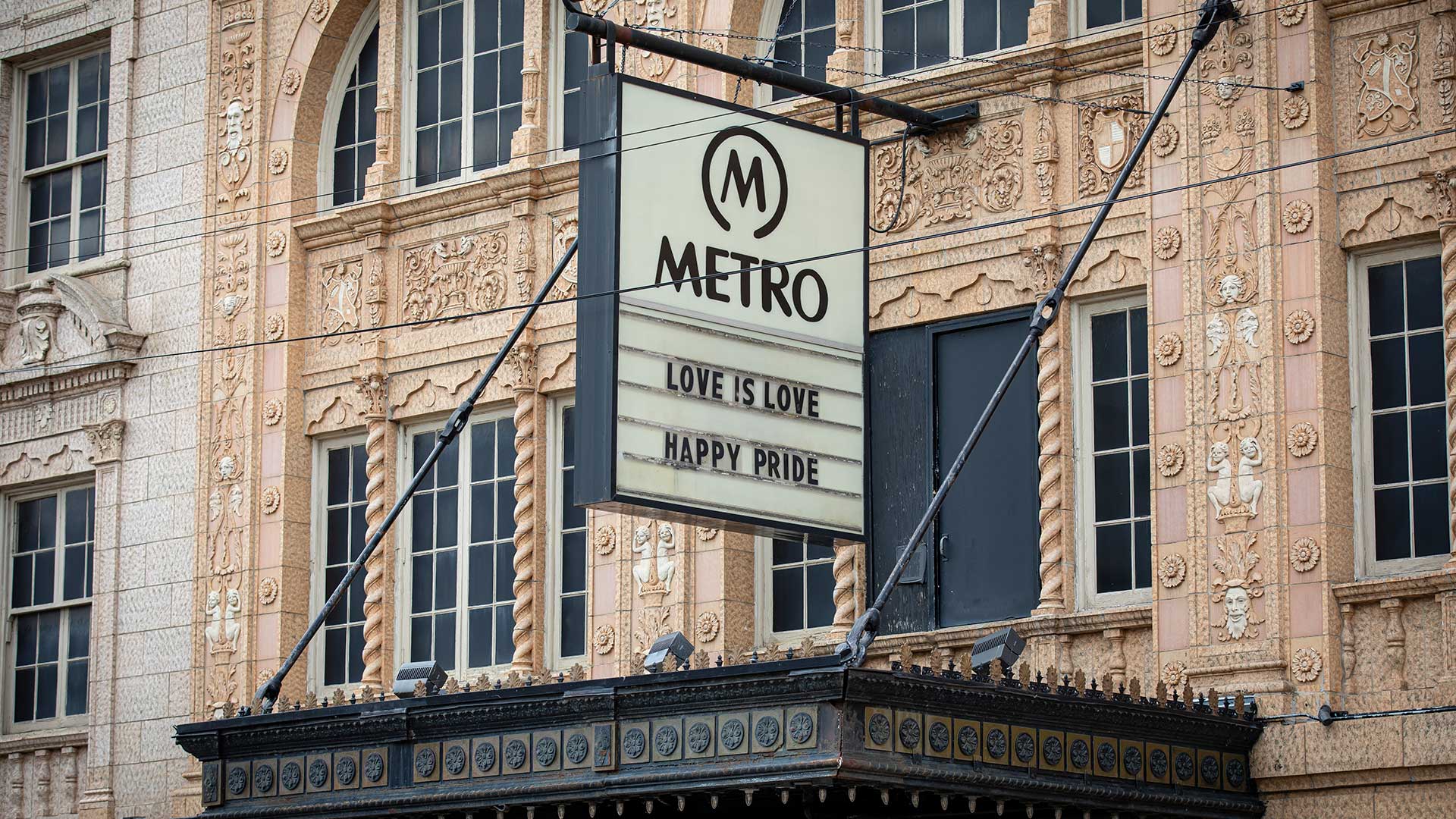 The Metro music venue sign on the front of the building.