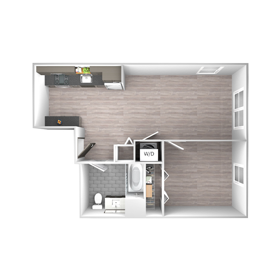 Rendering of the Tier 18 floor plan with 1 bedroom[s] and 1 bathroom[s] at wrigleyvillelofts